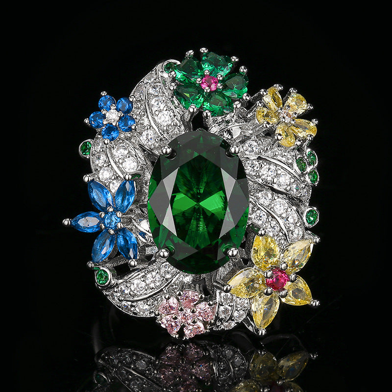 Luxury Vintage Peacock Green Gemstone Open Ring