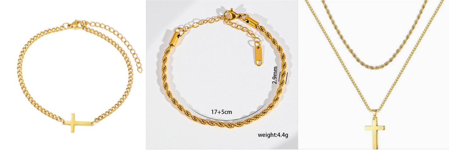 Simple Cross Chain Stacking Necklace Set - 18K Gold Plated Stainless Steel Double Layer Collar