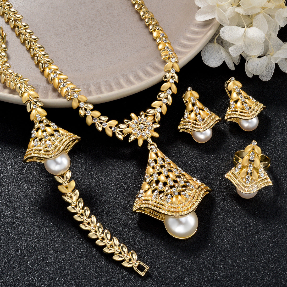 18K Gold Plated Leaf & Pearl Jewelry Set - Elegant Necklace, Earrings & Ring for Weddings & Special Occasions