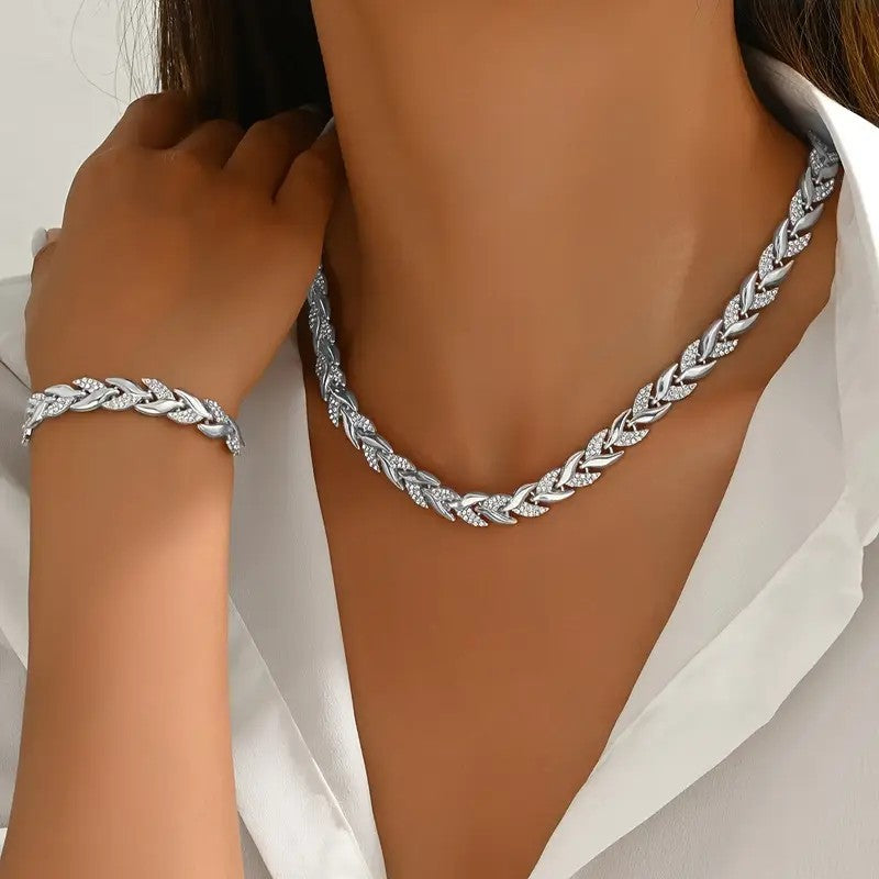 Elegant Crystal Leaf Necklace & Bracelet Set - 18K Gold & Silver Plated Luxury Jewellery
