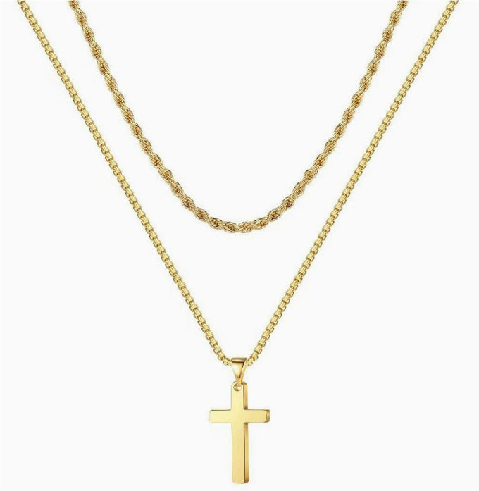 Simple Cross Chain Stacking Necklace Set - 18K Gold Plated Stainless Steel Double Layer Collar