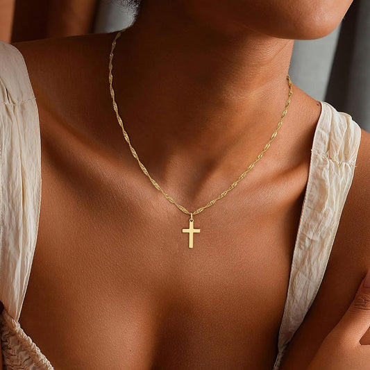 Simple Cross Chain Stacking Necklace Set - 18K Gold Plated Stainless Steel Double Layer Collar