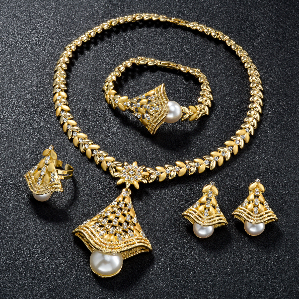 18K Gold Plated Leaf & Pearl Jewelry Set - Elegant Necklace, Earrings & Ring for Weddings & Special Occasions