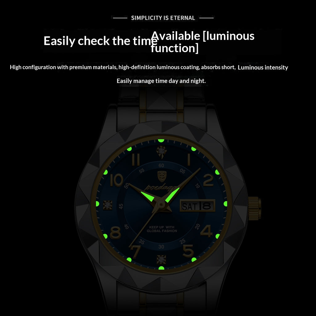 Waterproof Luminous Dual-Date Womens Quartz Watch