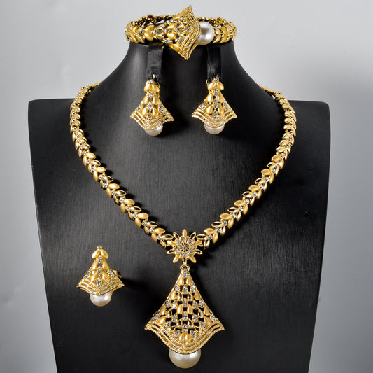 18K Gold Plated Leaf & Pearl Jewelry Set - Elegant Necklace, Earrings & Ring for Weddings & Special Occasions