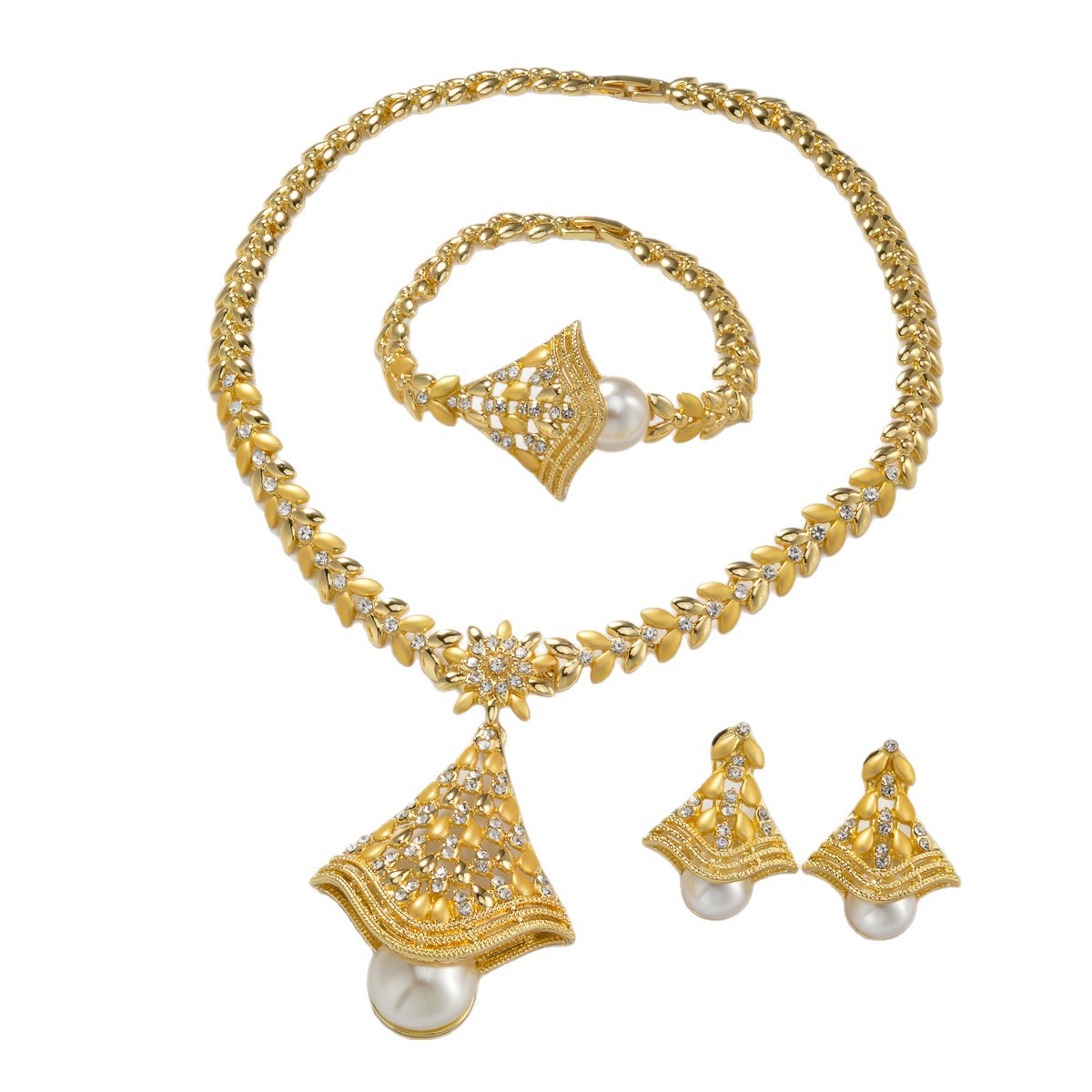 18K Gold Plated Leaf & Pearl Jewelry Set - Elegant Necklace, Earrings & Ring for Weddings & Special Occasions