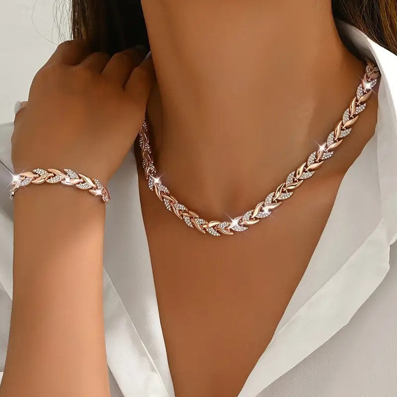 Elegant Crystal Leaf Necklace & Bracelet Set - 18K Gold & Silver Plated Luxury Jewellery
