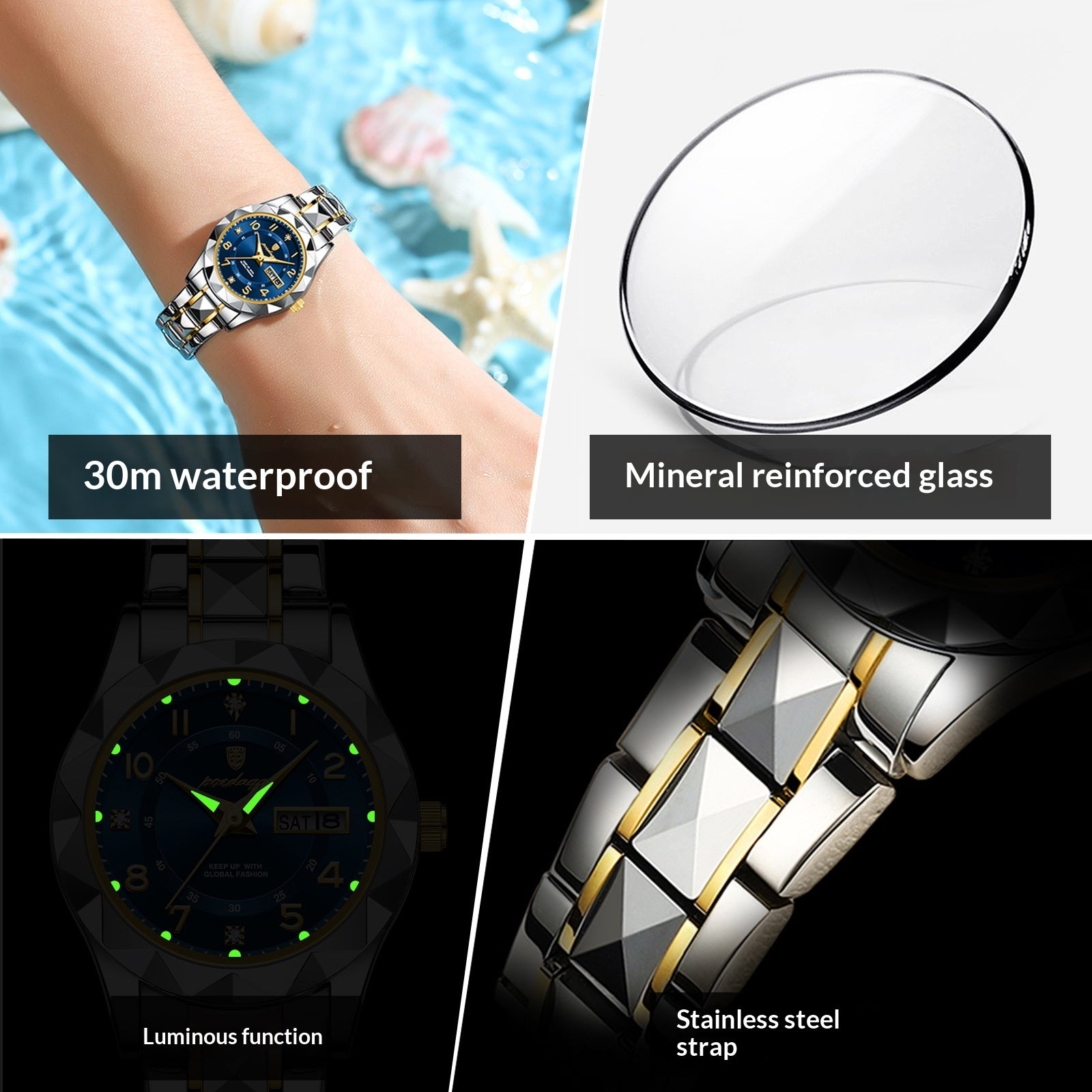 Waterproof Luminous Dual-Date Womens Quartz Watch