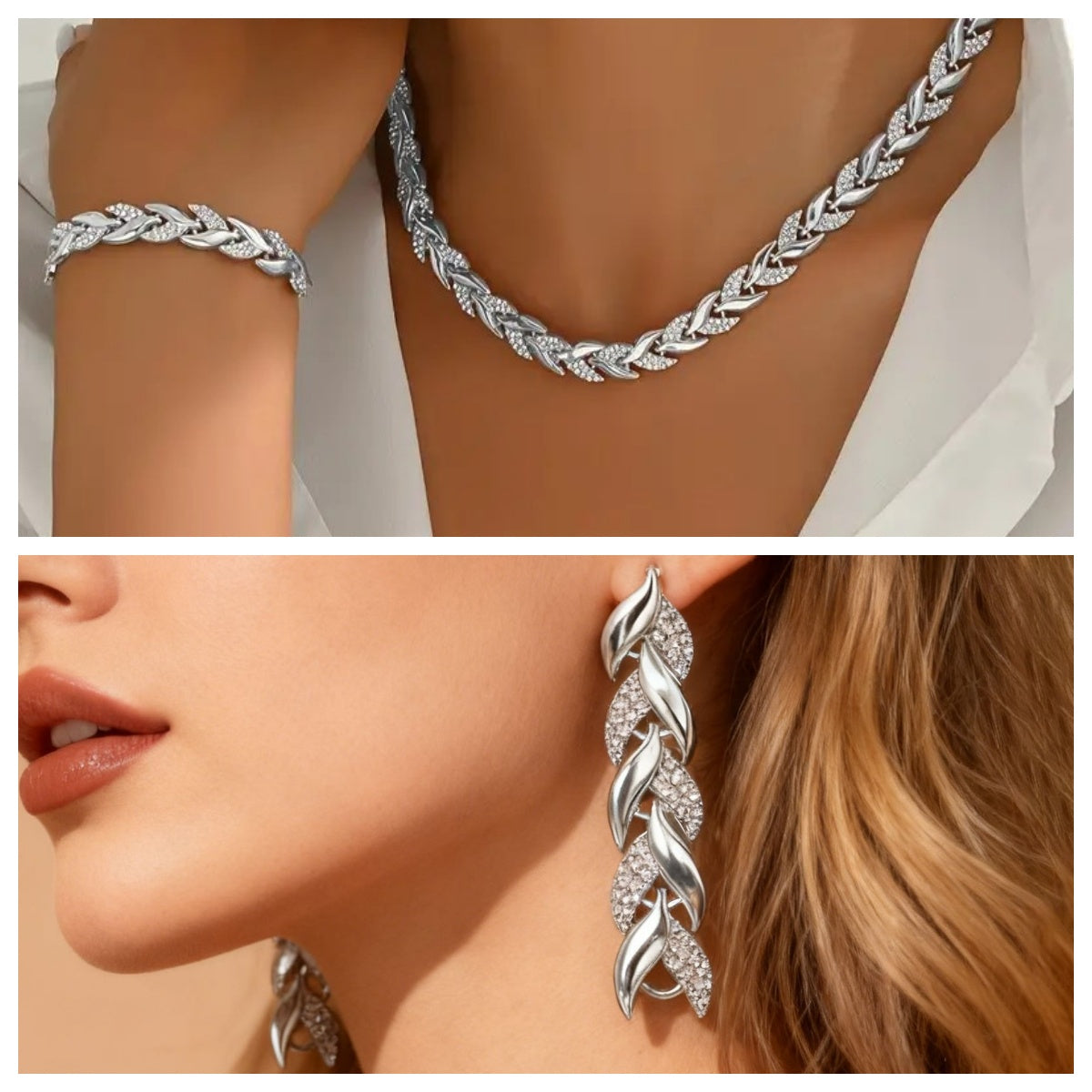 Elegant Crystal Leaf Necklace & Bracelet Set - 18K Gold & Silver Plated Luxury Jewellery