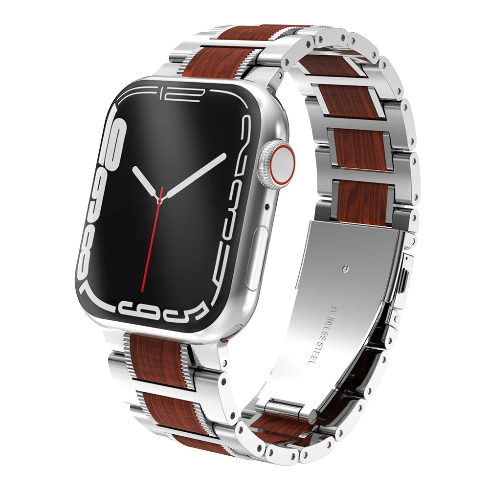 Wooden Strap For Apple Watch 11 10 9 8 7 SE 3 Band 46mm 42mm 44mm 45mm 41mm Stainless Steel Bracelet For iWatch Ultra 3 2 1 49mm