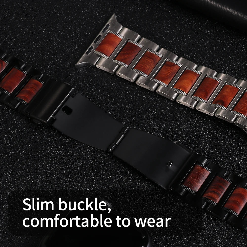 Wooden Strap For Apple Watch 11 10 9 8 7 SE 3 Band 46mm 42mm 44mm 45mm 41mm Stainless Steel Bracelet For iWatch Ultra 3 2 1 49mm