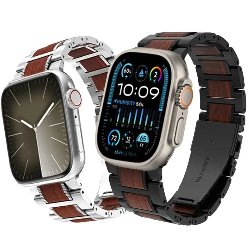 Wooden Strap For Apple Watch 11 10 9 8 7 SE 3 Band 46mm 42mm 44mm 45mm 41mm Stainless Steel Bracelet For iWatch Ultra 3 2 1 49mm