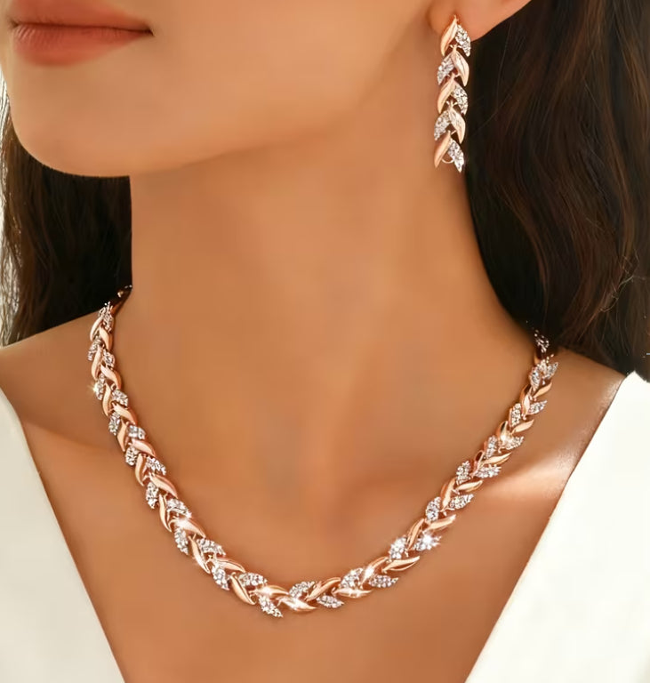Elegant Crystal Leaf Necklace & Bracelet Set - 18K Gold & Silver Plated Luxury Jewellery