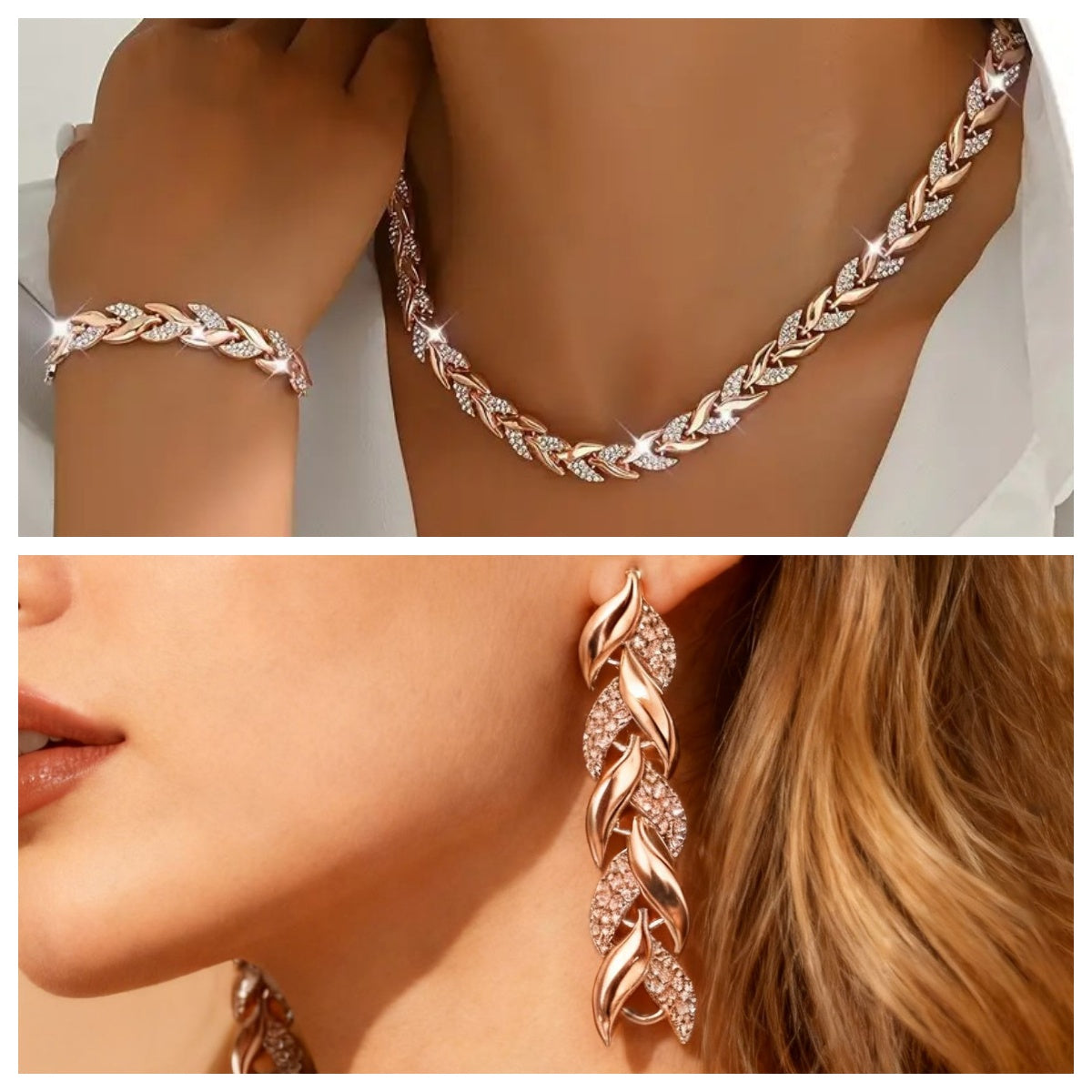Elegant Crystal Leaf Necklace & Bracelet Set - 18K Gold & Silver Plated Luxury Jewellery