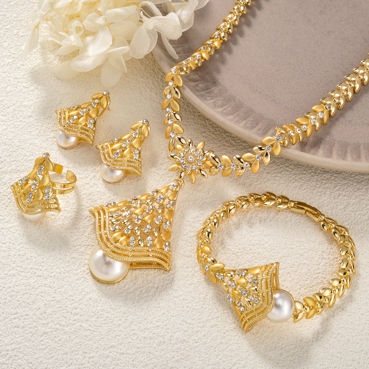 18K Gold Plated Leaf & Pearl Jewelry Set - Elegant Necklace, Earrings & Ring for Weddings & Special Occasions
