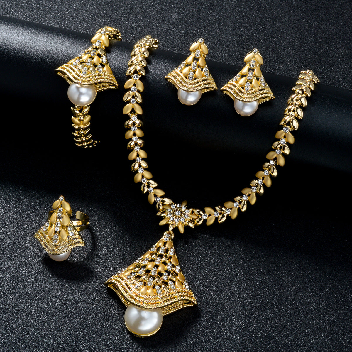 18K Gold Plated Leaf & Pearl Jewelry Set - Elegant Necklace, Earrings & Ring for Weddings & Special Occasions